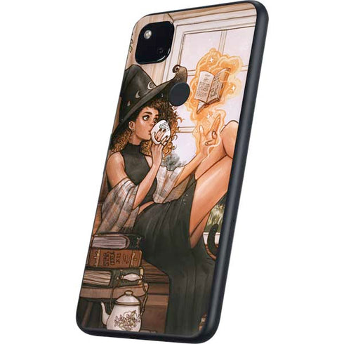 Cozy Autumn Library Witch with Cat and Coffee by Ivy Dolamore Google Pixel 4a Skin